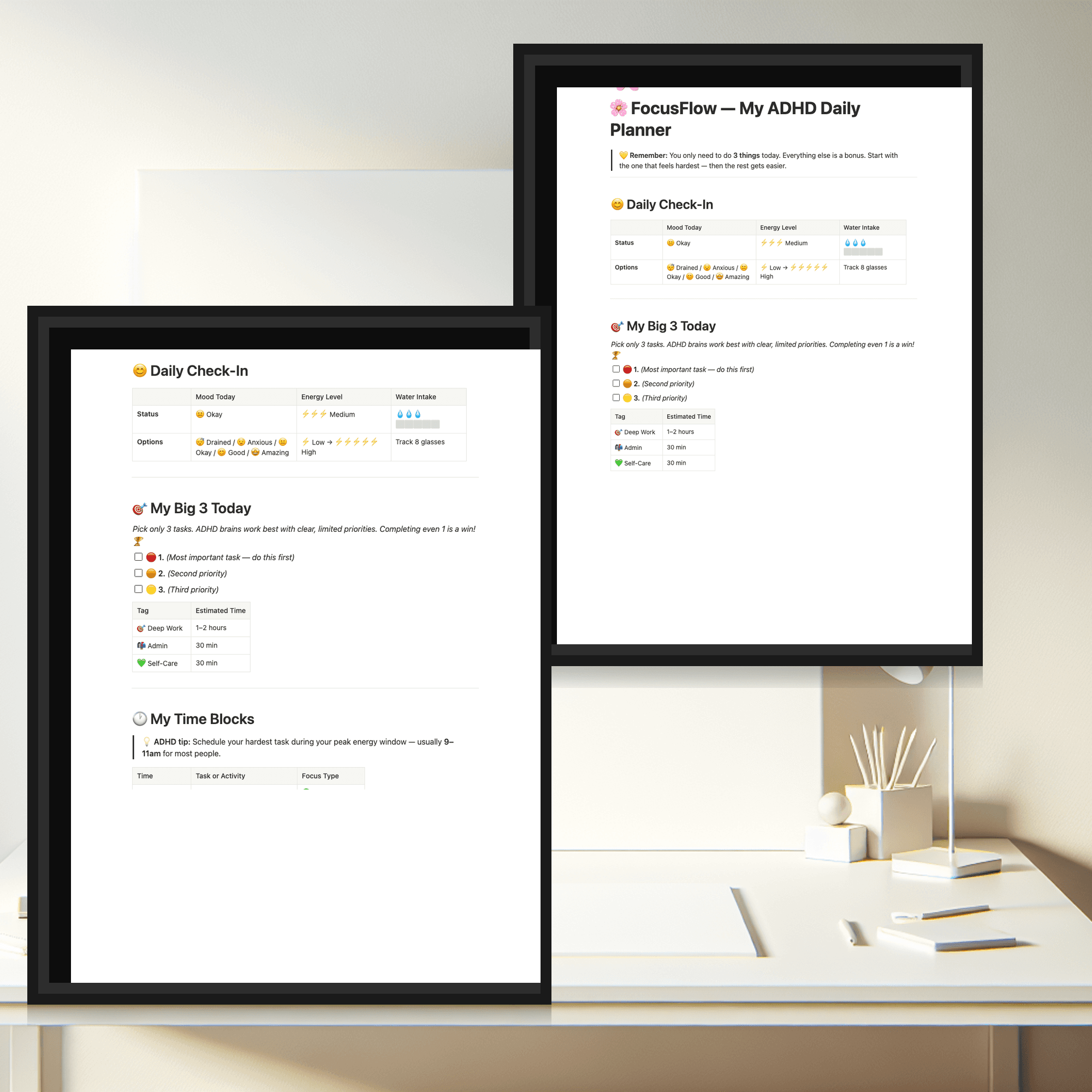 Multi-device mockup of an Etsy listing generated from a Notion template